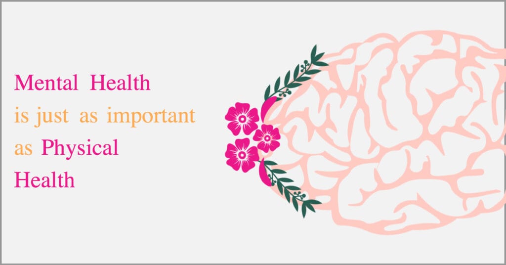 A pink flower and green leaves are on the background of a white brain.