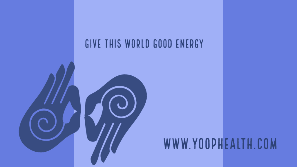 A blue banner with the words " give this world good energy ".