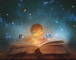 A book with an open page and planets in the background.